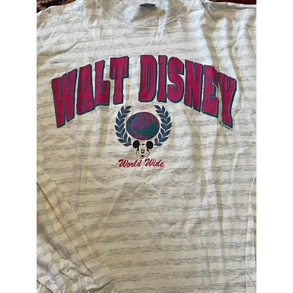Walt Disney World Wide Long Sleeve White Heathered Gray Stripe Mickey USA One SZ - Picture 2 of 7